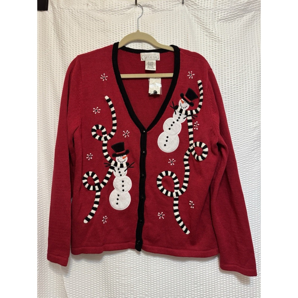 Mandal‎ Bay Red Snowmen Sweater/Cardigan, Size Large, New (1 Snag)